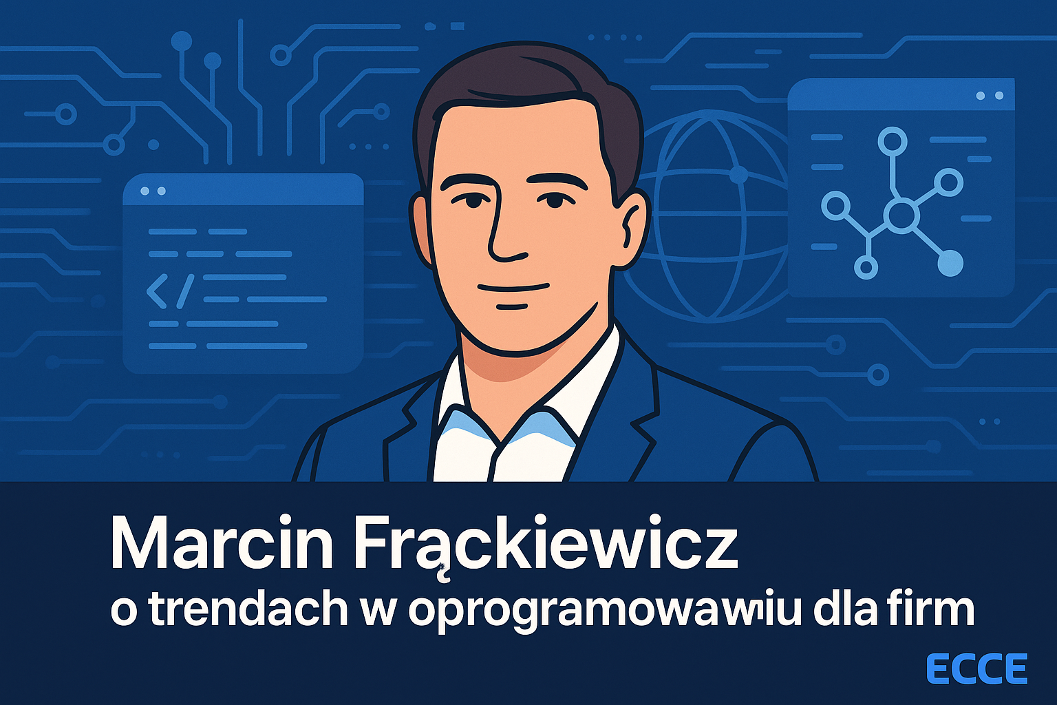 Portret Marcina Frąckiewicza na tle abstrakcyjnych systemów IT – wizja oprogramowania dla firm