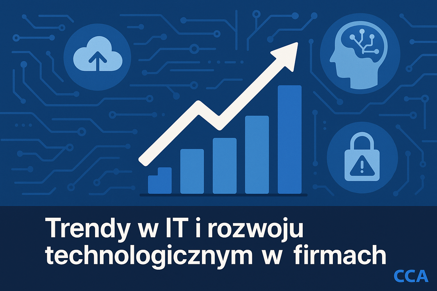 Wykres wzrostu trendów IT otoczony ikonami chmury, AI i cyberzagrożeń – rozwój technologii